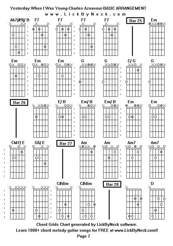 Chord Grids Chart of chord melody fingerstyle guitar song-Yesterday When I Was Young-Charles Aznavour-BASIC ARRANGEMENT,generated by LickByNeck software.